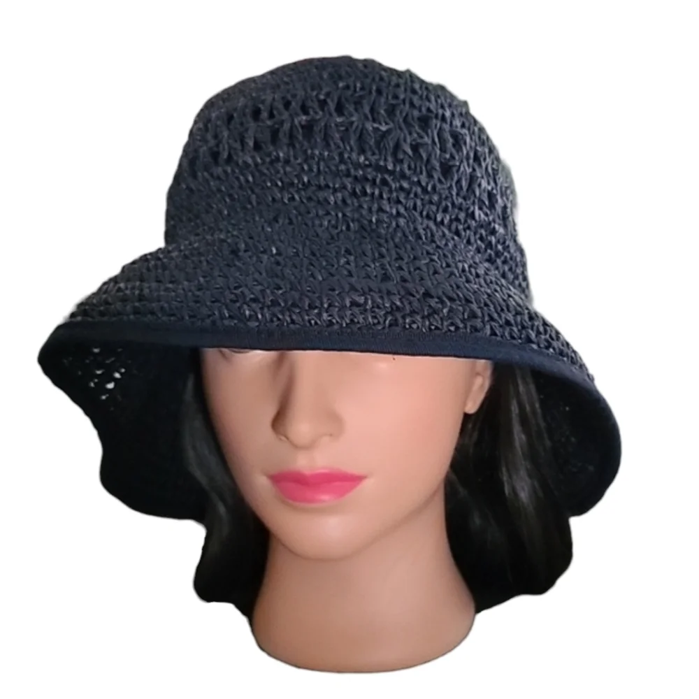 VINTAGE HAWAII Navy Blue Floppy Paper Hat Wide Brim Derby Packable Deadstock - Picture 5 of 15